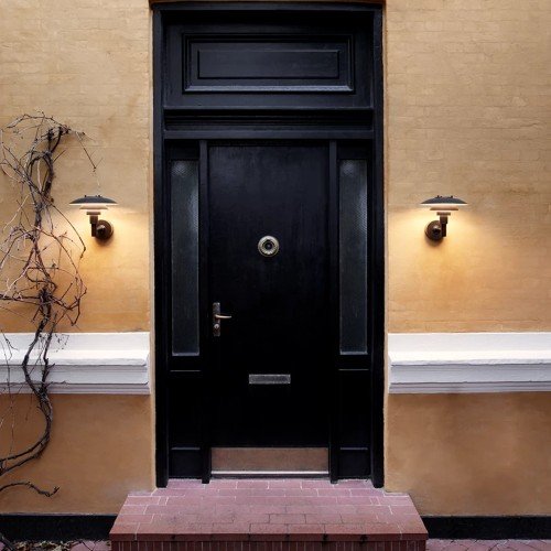 Detalle de las pantallas metálicas del aplique PH 3-2½ iluminando pared de piedra