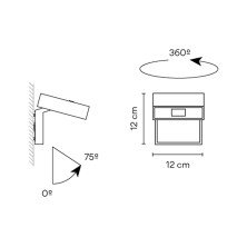 Esquema técnico de la lámpara de pared Alpha 7942 de Vibia con medidas y movimientos de rotación