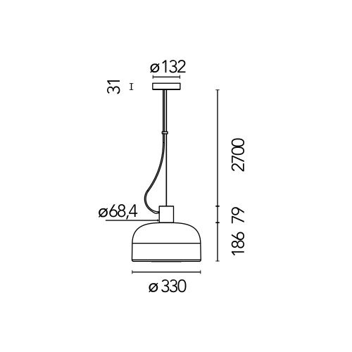 Esquema técnico de la lámpara colgante Bellhop Glass S1 de Flos con medidas detalladas de la pantalla y cable de suspensión Esquema técnico de la lámpara colgante Bellhop Glass S1 de Flos con medidas detalladas de la pantalla y cable de suspensión