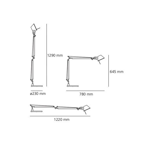 Esquema técnico Tolomeo (cuerpo de sobremesa): alturas y longitudes máximas 129 cm, 78 cm y 122 cm con base Ø23 cm Esquema técnico Tolomeo (cuerpo de sobremesa): alturas y longitudes máximas 129 cm, 78 cm y 122 cm con base Ø23 cm