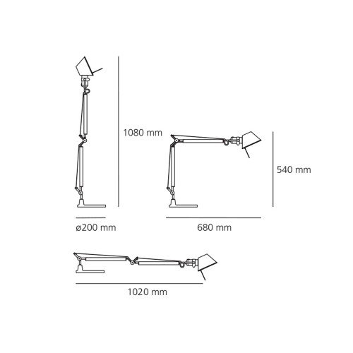 Esquema técnico de la Tolomeo Mini con base Ø200 mm, altura máx. 1080 mm y alcance 680–1020 mm. Esquema técnico de la Tolomeo Mini con base Ø200 mm, altura máx. 1080 mm y alcance 680–1020 mm.