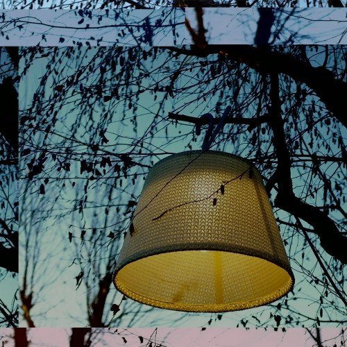 Tolomeo Paralume Outdoor Hook colgada de una rama, encendida al atardecer Tolomeo Paralume Outdoor Hook colgada de una rama, encendida al atardecer