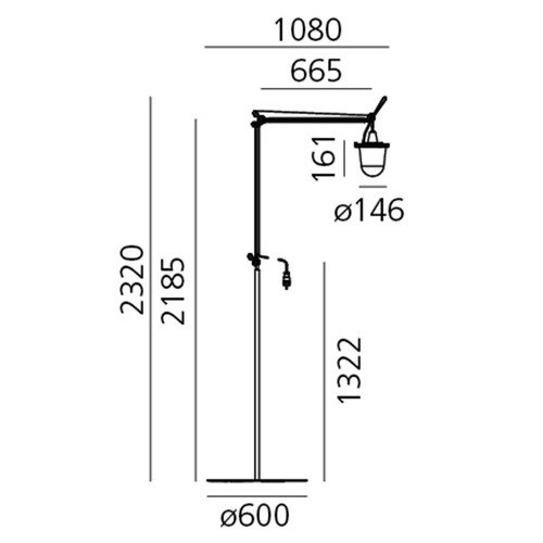 Esquema técnico de la Tolomeo Lampione Outdoor de pie con brazo articulado y linterna de vidrio. Esquema técnico de la Tolomeo Lampione Outdoor de pie con brazo articulado y linterna de vidrio.