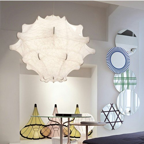 Lámpara colgante Taraxacum 2 Flos diseño Achille Castiglioni con pantalla de capullo blanco
