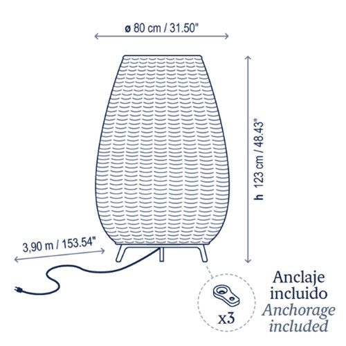 Esquema técnico Amphora 02 de Bover con medidas y cable de conexión incluido Esquema técnico Amphora 02 de Bover con medidas y cable de conexión incluido